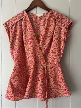Monteau Pink and Yellow Floral Wrap Blouse